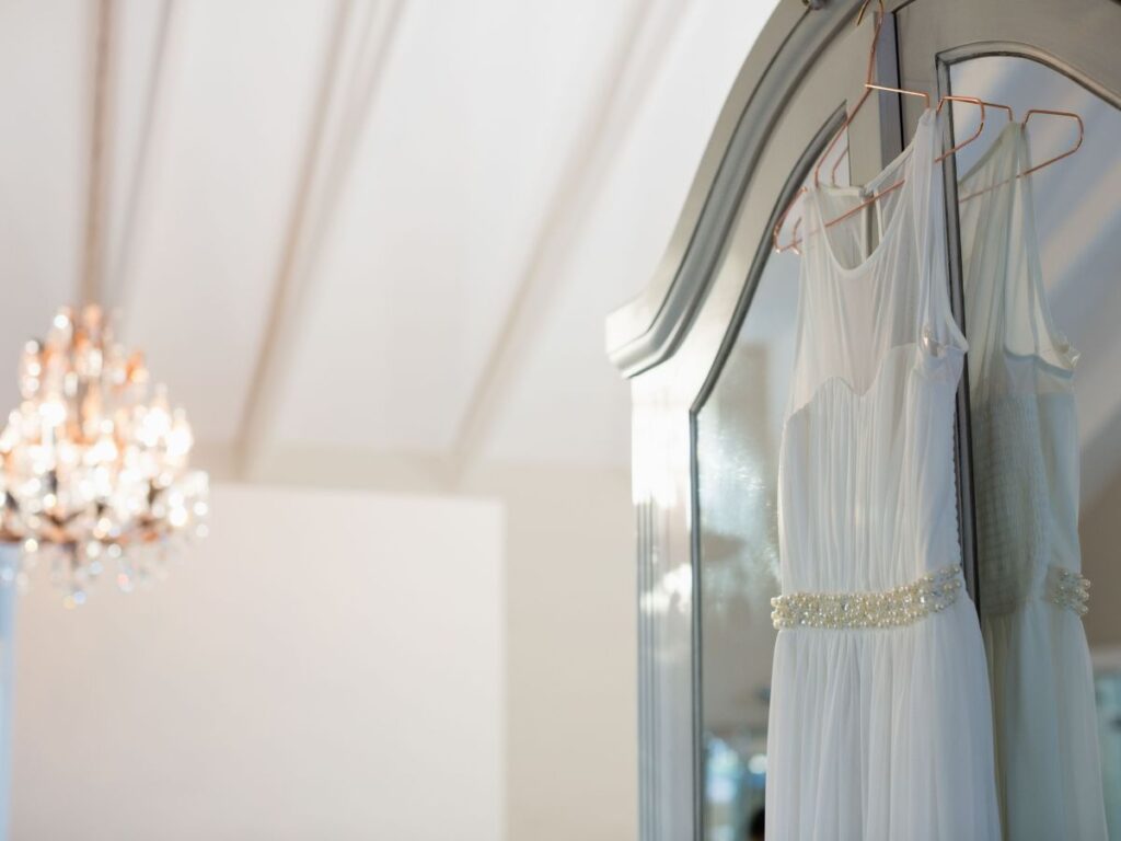 Fancy bridal dress hanging in a store in Toronto