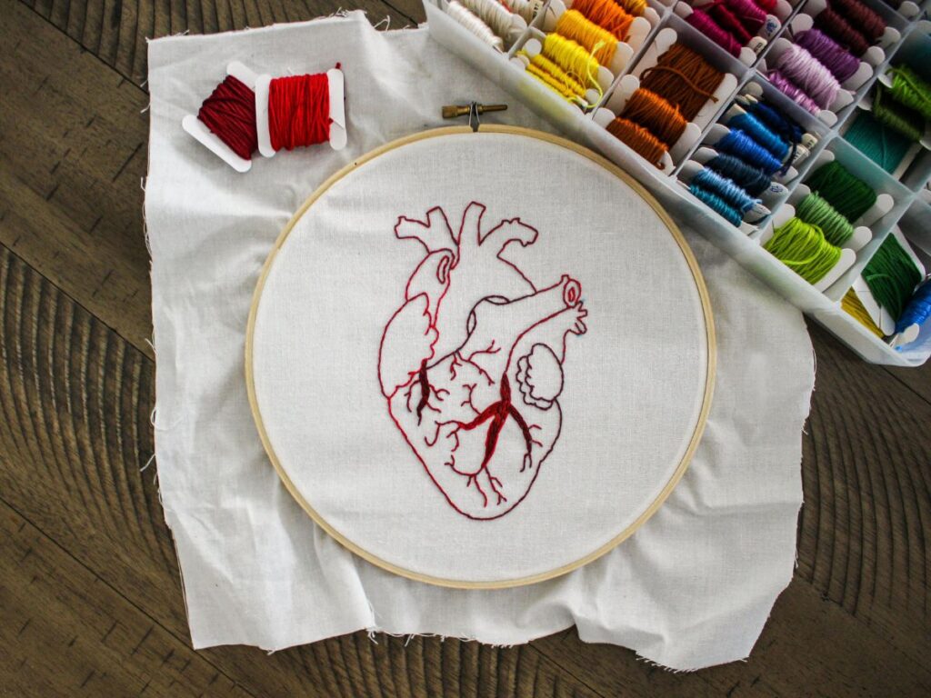 Nice heart sewn on fabric in a class in Toronto