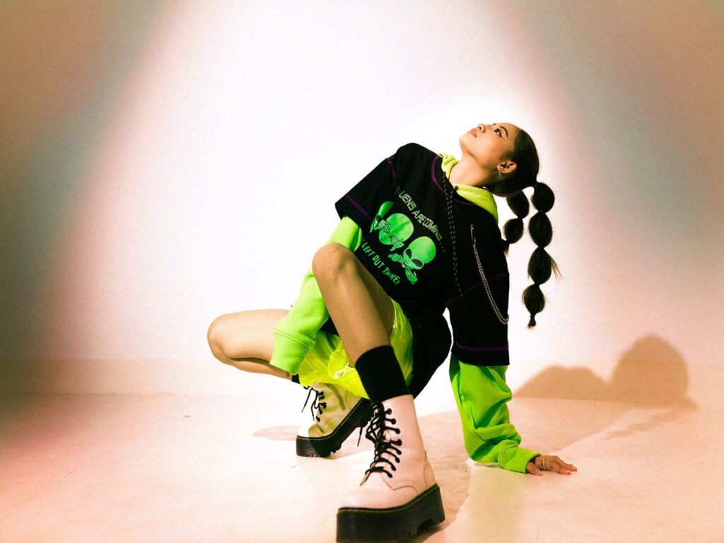 Girl wearing smart streetwear in Neon color 