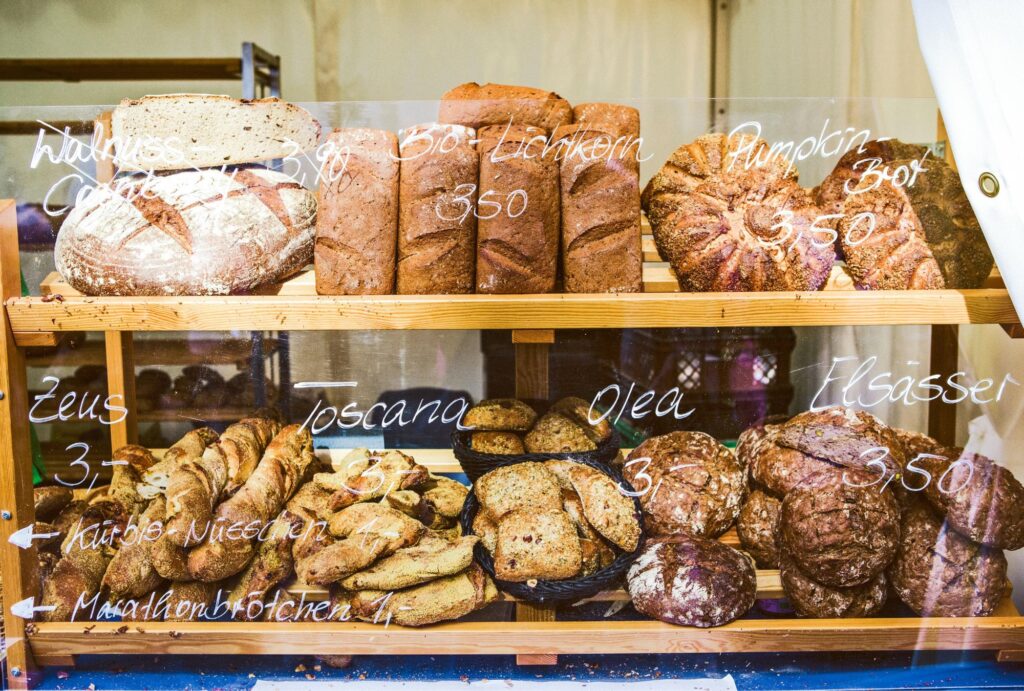 bakery items in a shelf