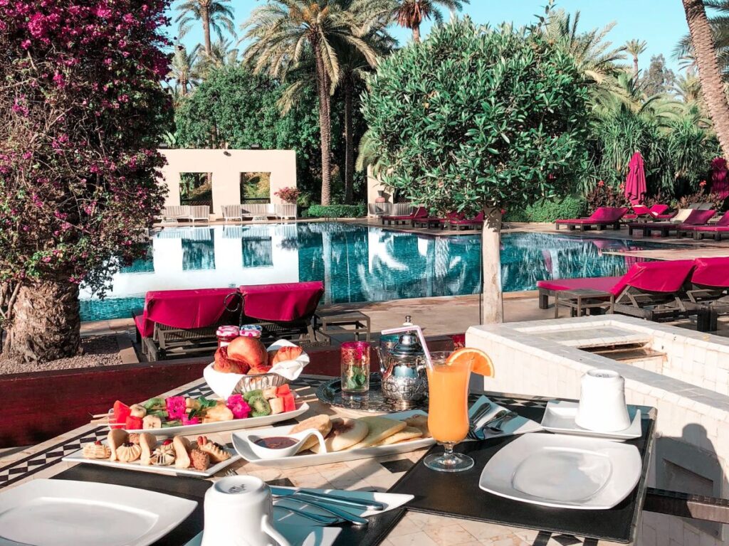 food on table by pool