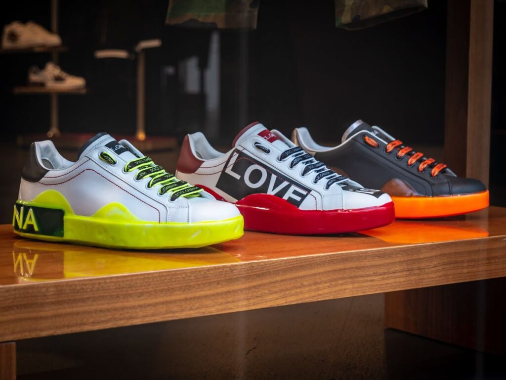 colorful sneakers on a shelf