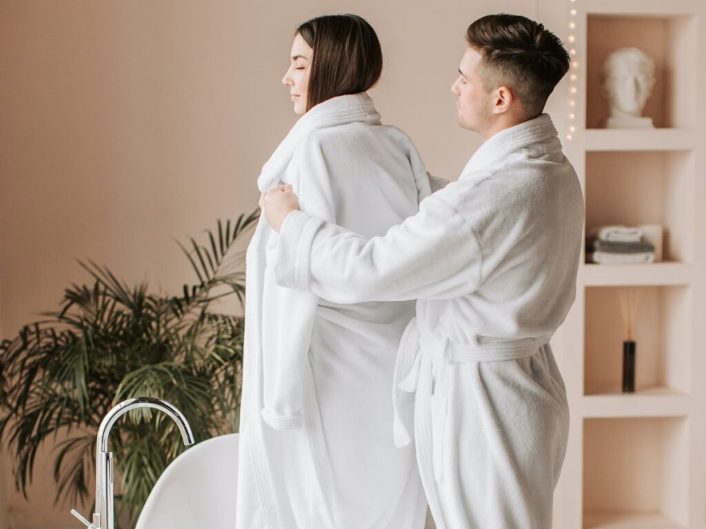couple in bathrobes