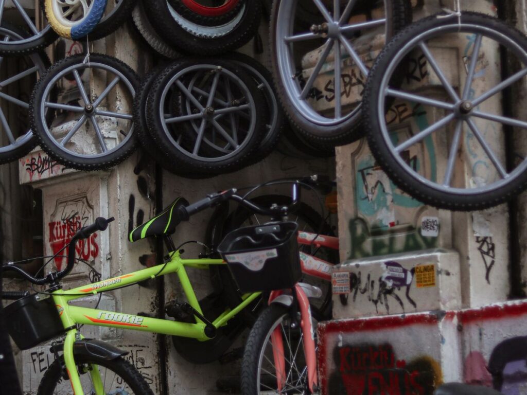 used bikes shop with tyres hanging