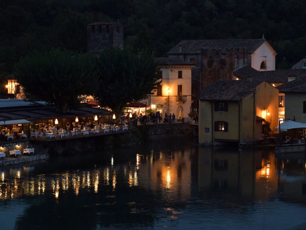 waterfront restaurant at night