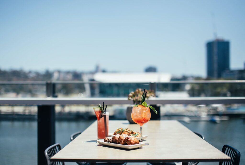 food on table with water view