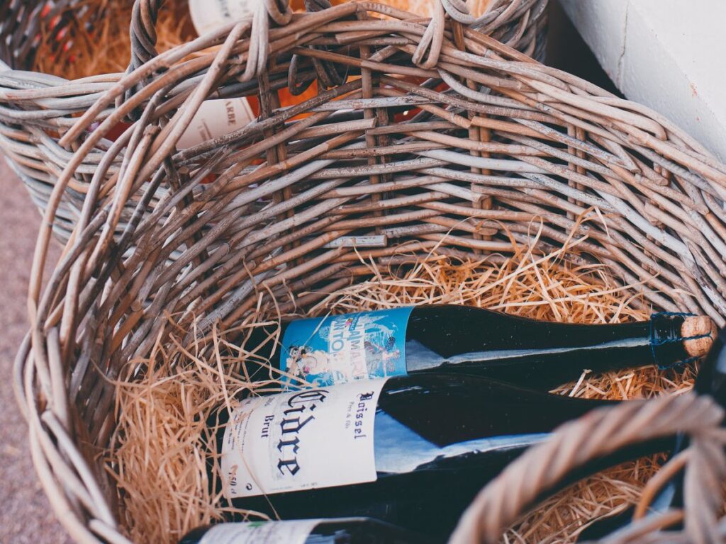 wine bottles in a basket