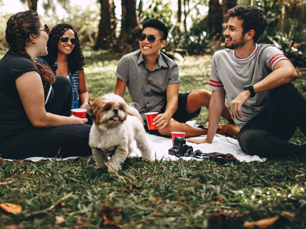 group of people an dog on a picnic