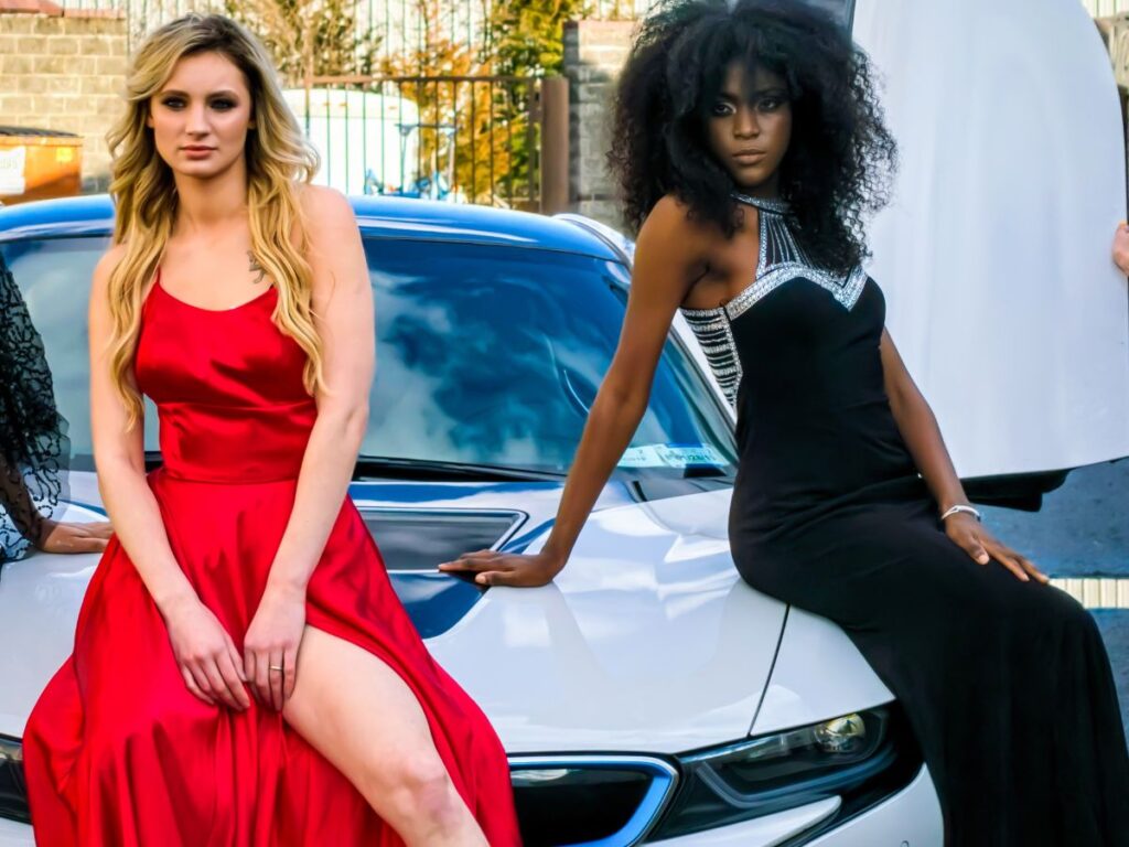 two girls in their prom dresses