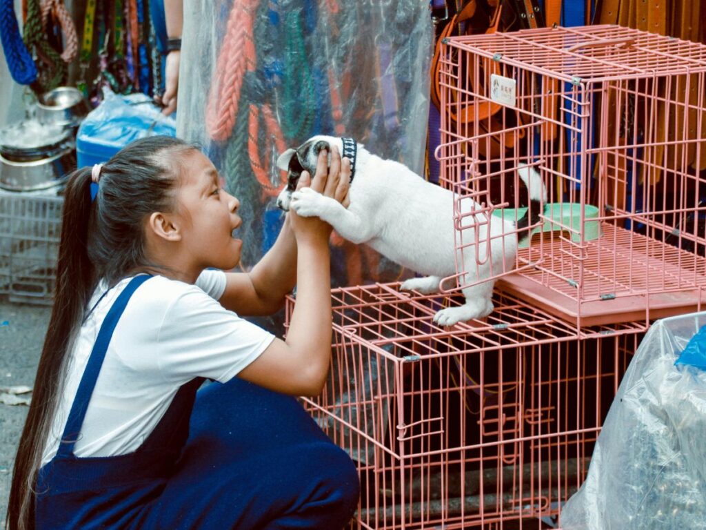 girl taking pet dog out of cage