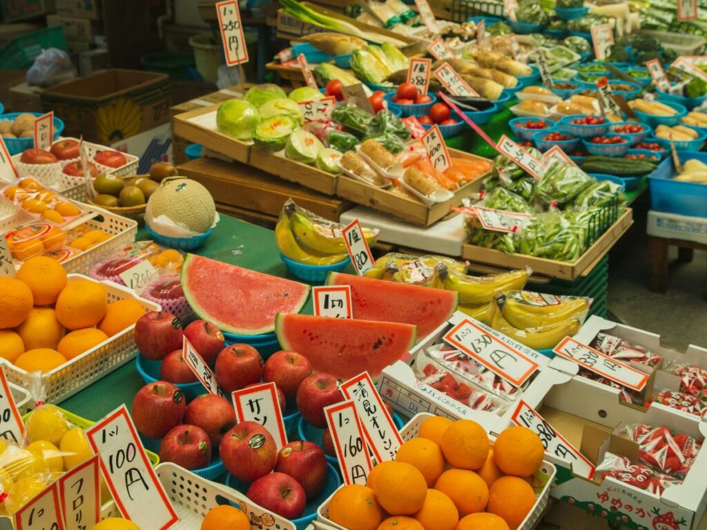vegetables and fruits on a stall