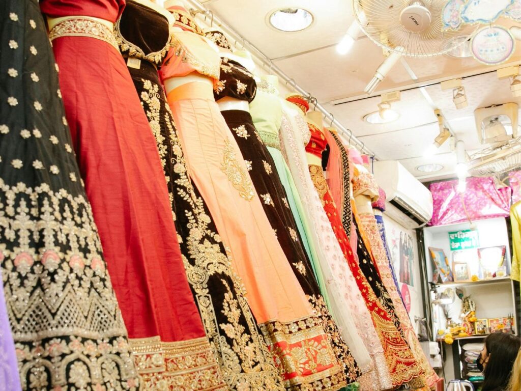 dresses hung in a bargain market