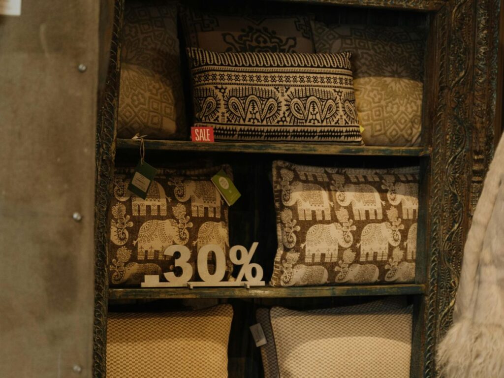 cushions rack in a furniture store