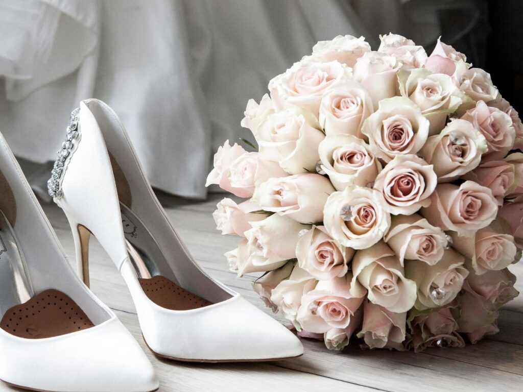 bouquet and bridal shoe