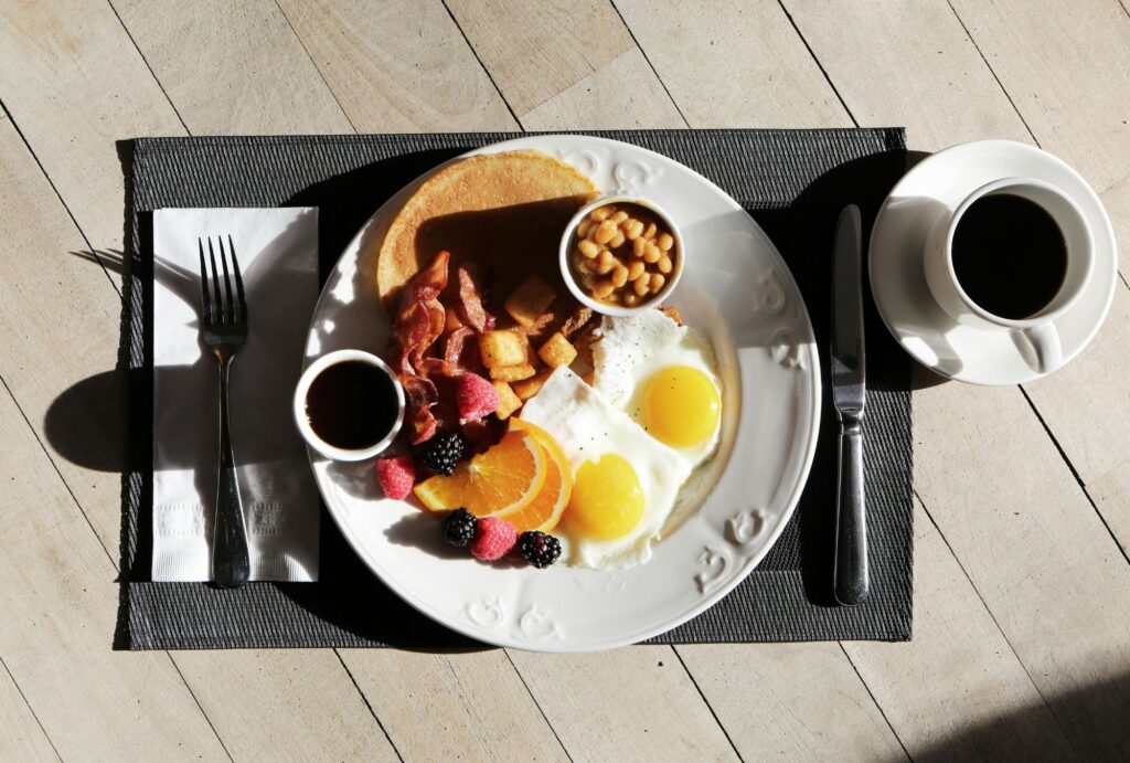 eggs and fruits in a plate