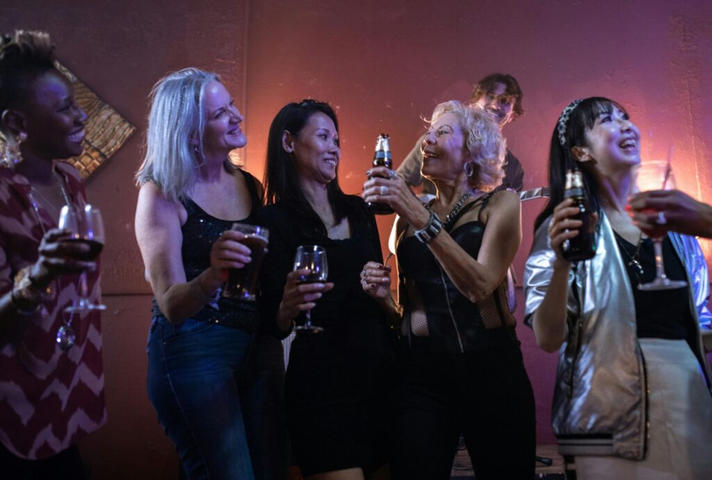 group of people in a bar