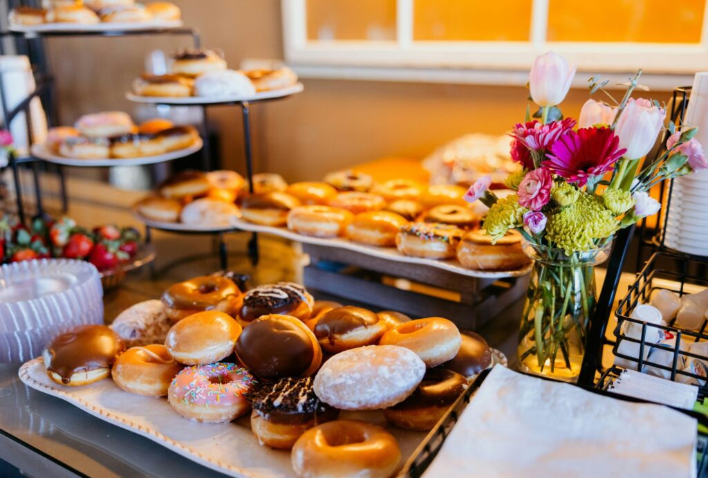 donuts and other baked items in a bakery