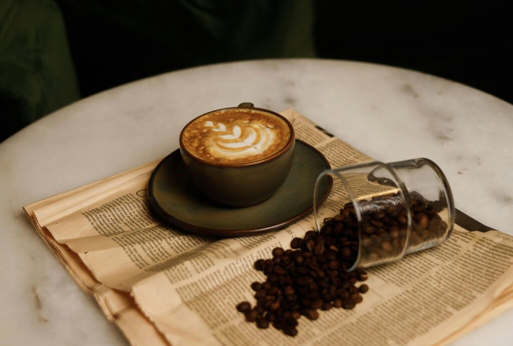 coffee with coffee beans on table