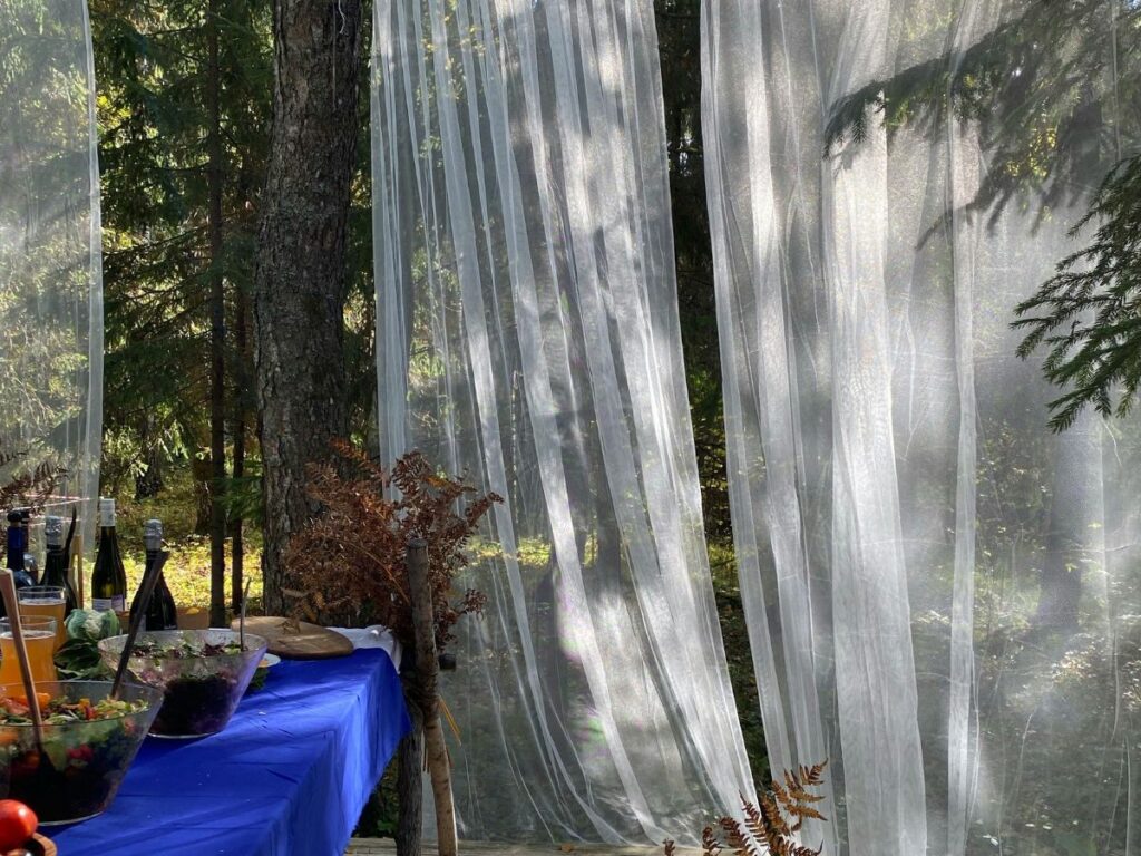 event table and curtains