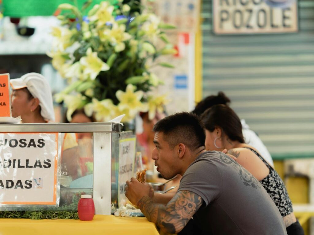 people eating at a food bank