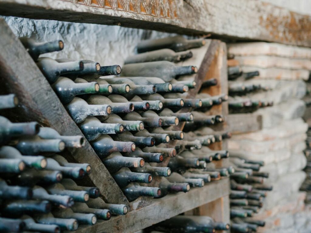 wine bottles stored in a winery