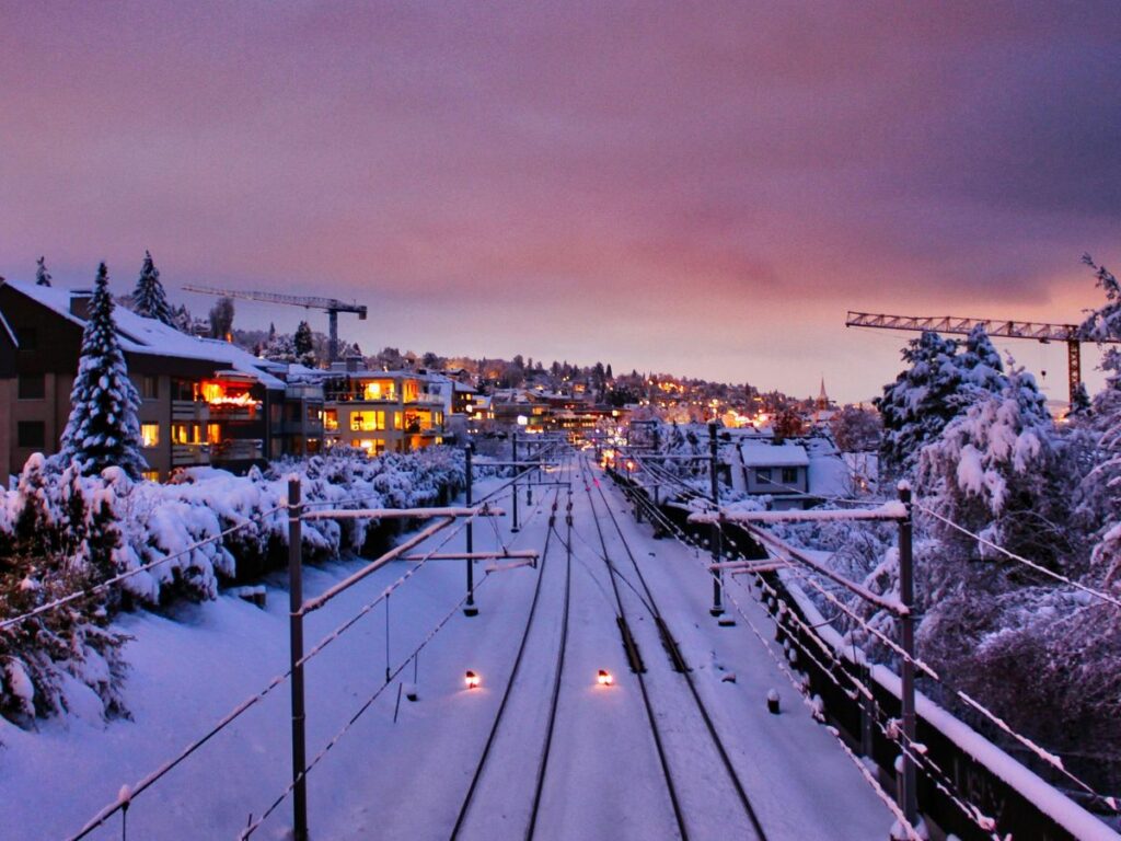 town in winter snow