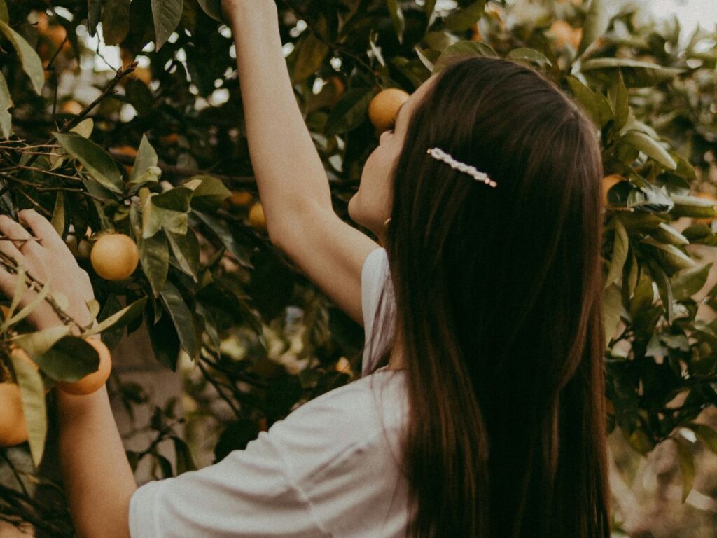 woman picking peaches