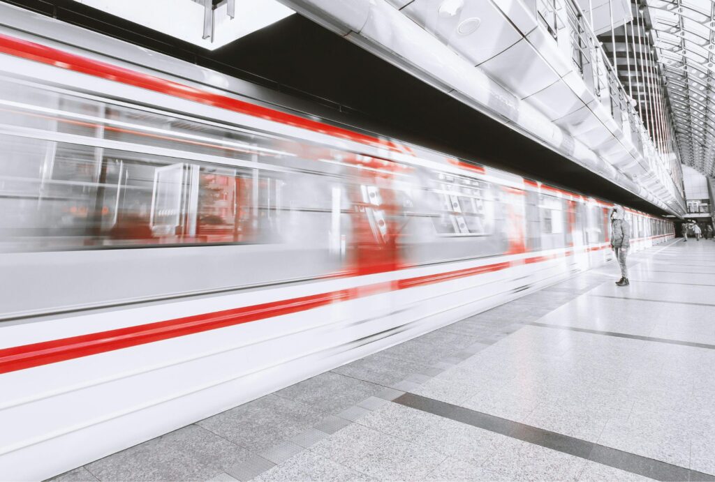 fast moving train in a transit station