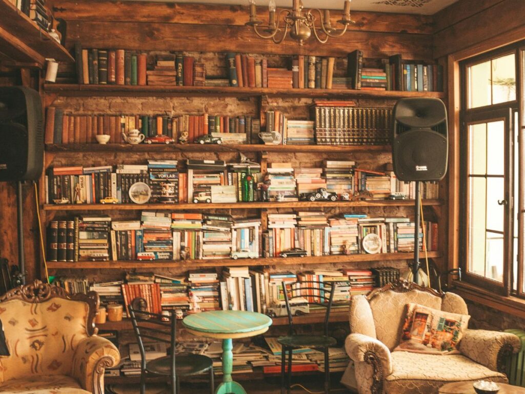 books and seating space in a library