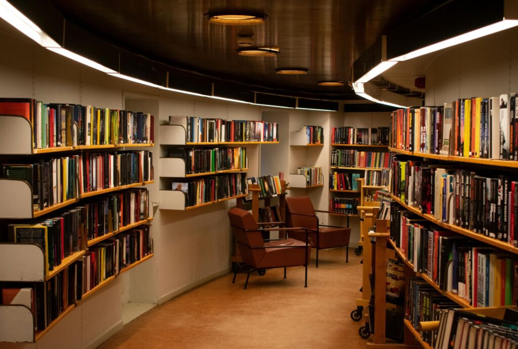 library shelves in an alley