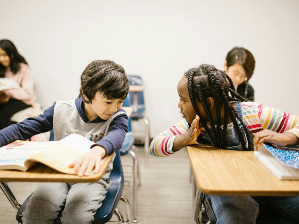 kids talking in a school