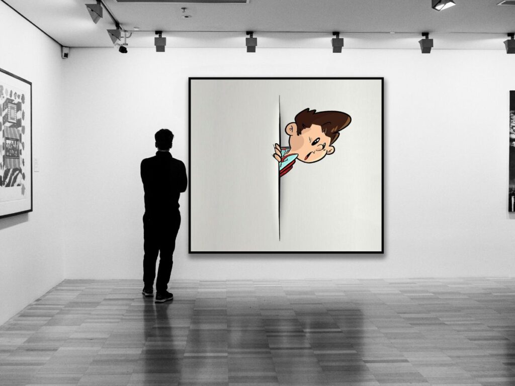 man looking at art in a gallery