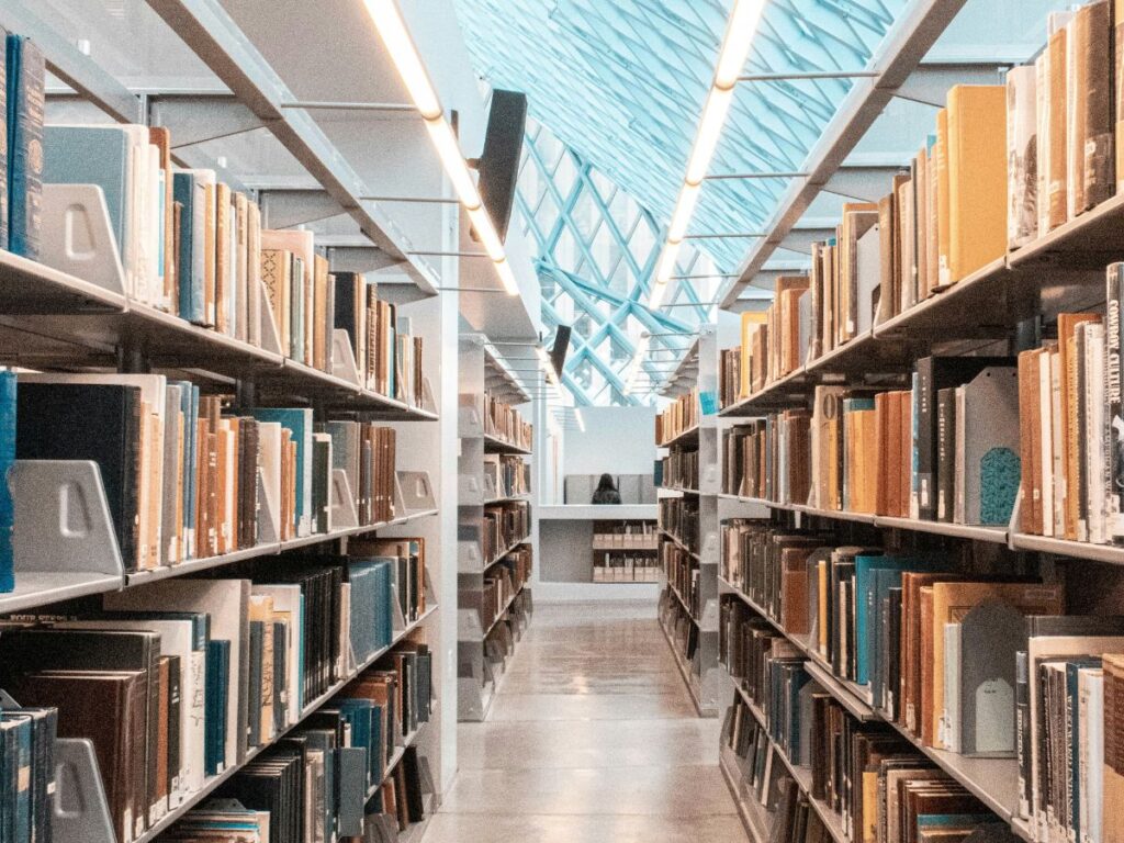 shelves in a library