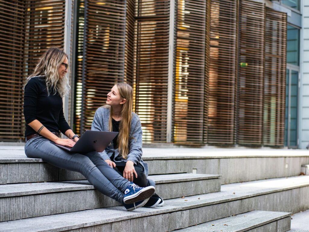 university students on stairs